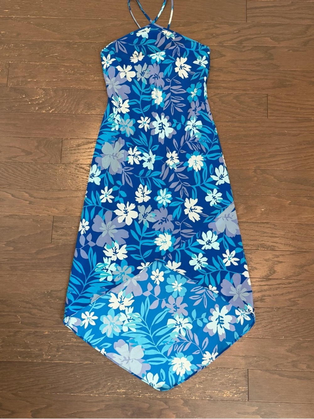 Express Blue Floral Halter Handkerchief Hem Maxi Dress Tropical Y2K Womens 1/2